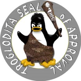 Troglodita seal of approval: a shaggy haired penguin dressed in caveman furs weilding a club with the HPCf logo.